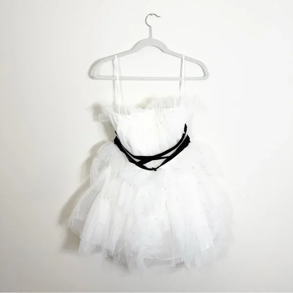 NWT Anthropologie Maeve Tiered Strapless Tulle Pearl Belted Mini Dress White 8